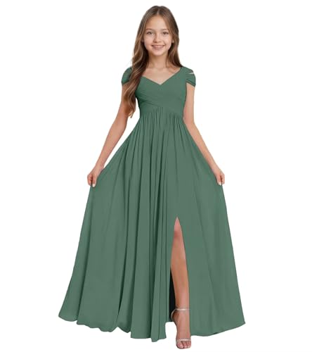 Qatuddl Eucalyptus Junior Bridesmaid Dresses Cold Shoulder Chiffon Flower Girl Dresses for Wedding Princess Pageant Prom Gown Size 8