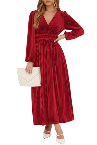 Sissyaki Women's Long Sleeve Velvet Dress 2026 Fall Winter Wedding Guest Cocktail Formal Maxi Dress B#Red X-Large