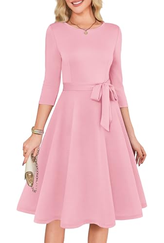RUMIA Pink Dresses for Women 3/4 Sleeve A Line Elegant Dress with Belt L