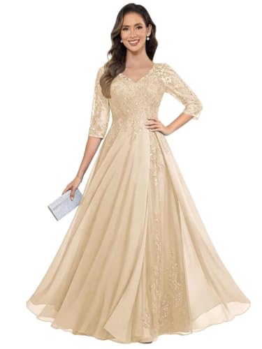 V Neck Chiffon Mother of The Bride Dress Long Lace Applique Evening Gown | 3/4 Sleeve A-Line Wedding Guest Dress for Women Mother of Groom Prom Gala Formal Event Dress Champagne 6
