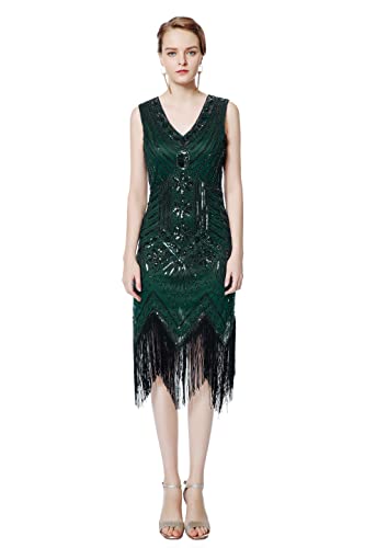 Metme Women's 1920s V Neck Beaded Fringed Gatsby Theme Flapper Dress for Prom,Green,Large
