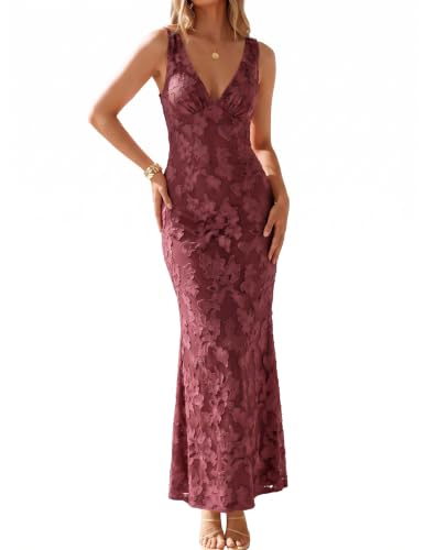 BORIFLORS Women's Bodycon V Neck Floral Cocktail Maxi Dress,M,Wine Red