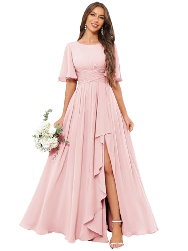 FLOWPRETTY A Line Chiffon Bridesmaid Dress Long Pleated Ruffle Evening Formal Dresses Blush Pink Size XL