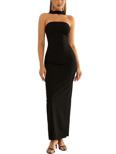 HTZMO Women Formal Wedding Guest Cocktail Fall Bodycon Maxi Dress Black M