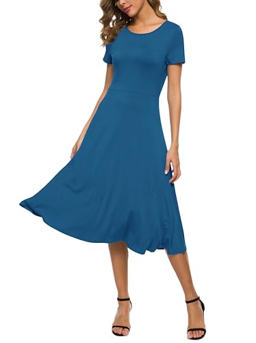 EXCHIC Women's Short Sleeve O-Neck Waisted Slim Solid Color Long Dress (L, Steel Blue)