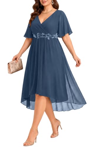 Plus Size Navy Blue Wedding Guest Dress - High Low Midi V Neck Dress Women