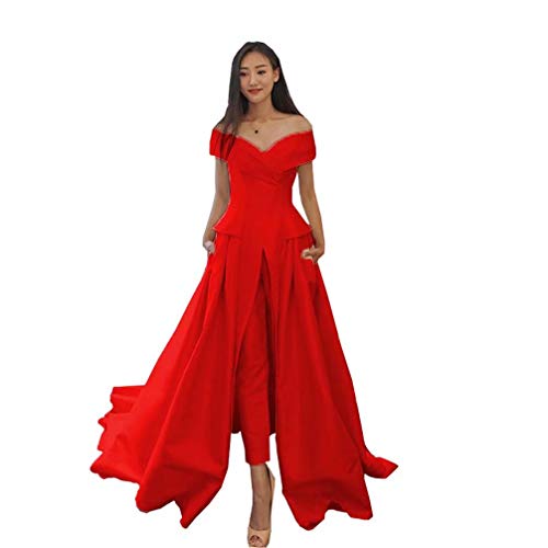Off Shoulder Formal Dresses Evening Women Pantsuits Prom Dress with Train Red/B 8