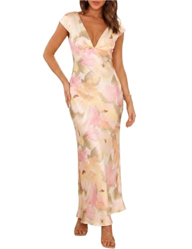 Halfisland Womens Summer Satin V Neck Cap Sleeve Midi Dress Wedding Guest