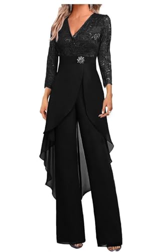 JUDHGGX Mother of The Bride Pants Suit Set 2 PC Chiffon & Lace Wedding Guest Outfit with Rhinestone 3/4 Sleeves Black US12