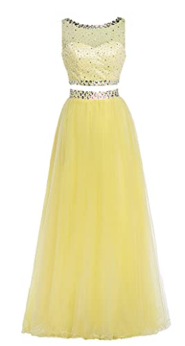 CharmingBridal Women 2 Piece Beaded Prom Dress Boat Neck Tulle Evening Gown 2021 Yellow