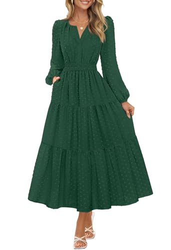 MEROKEETY Womens Fall Long Sleeve Swiss Dots Boho Maxi Dress, DarkGreen, M