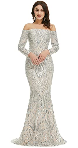 Ikerenwedding Women's Bateau Long Sleeves Sequins Mermaid Evening Dress Silver US8