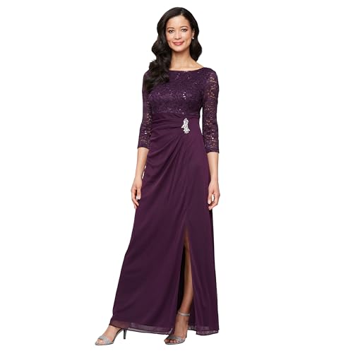 S.L. Fashions Women's Long Mother of The Bride Dress with Stretch Lace Bodice & Hip Embellishment (Petite and Regular Sizes), Eggplant, 12