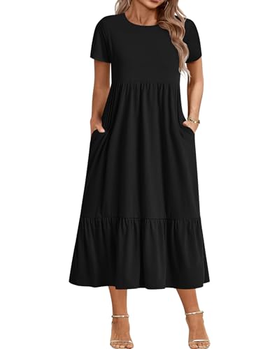IN'VOLAND Plus Size Womens Spring Short Sleeve Swing Dress Casual Flowy Tiered Maxi Beach Dress with Pockets
