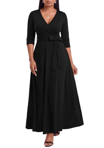 FANDEE Plus Size Black Maxi Dress 3/4 Sleeve Dinner Party