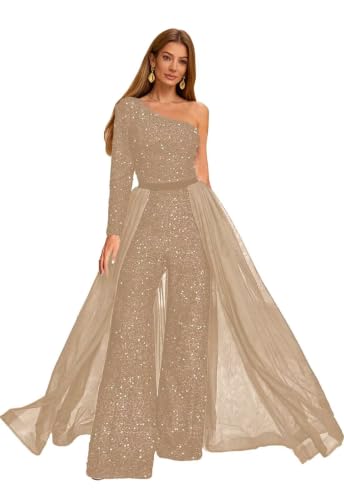 One Shoulder Long Sleeves Mother of The Bride Dresses for Women Formal Jumpsuit Sequin Wedding Guest Dresses Taupe