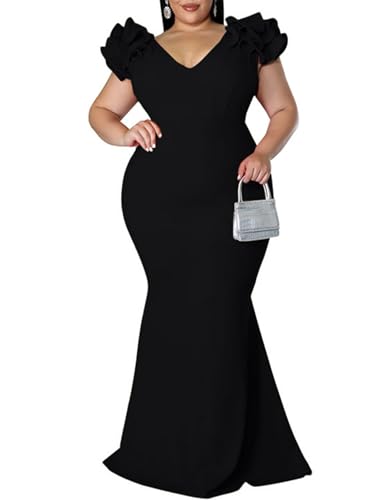 Women's Plus Size Maxi Dress Elegant V-Neck Ruffle Sleeves Bodycon Mermaid Dresses Evening Gown Black 3XL