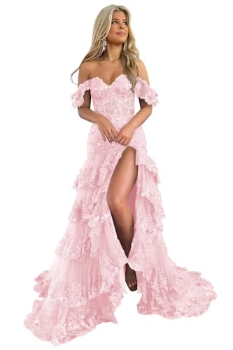 UZN Tiered Lace Tulle Prom Dress Mermaid Slit Pink Off Shoulder Long Tight Sweetheart Womens Corset Formal Evening Party Gowns US14