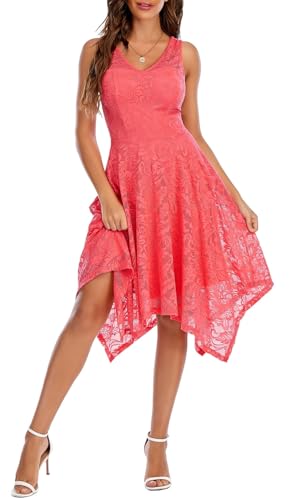 Meetjen Wedding Guest Dress for Women Lace Cocktail Handkerchief Hem V Neck Homecoming Prom Dresses for Teen Coral S