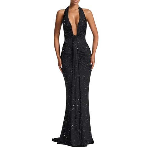 ABYOVRT Women Deep V Neck Ruched Maxi Dress Halter Sequin Gown Cocktail Evening Formal Dresses (Sequin Black,S)