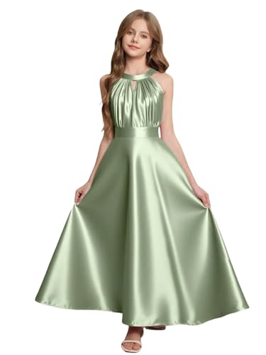 PHILIZLE Halter Junior Bridesmaid Dresses for Teen Girls Satin Flower Girl Dress for Wedding