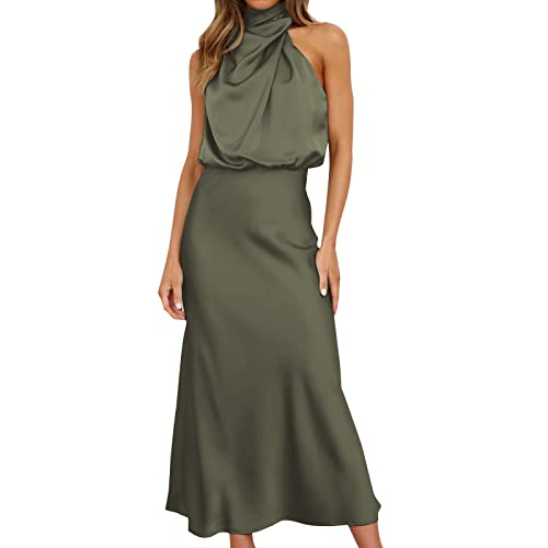Women Sleeveless Mock Neck Cocktail Dresses Elastic Waist Party Wedding Guest Dress Satin High Split Maxi Evening Dress Army Green