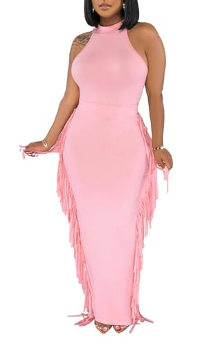 Euulin Women's Ruched Bodycon Dresses Sexy Sleeveless Tops Two Piece Outfits Dress Jumpsuits for Casual, Party Club pink L
