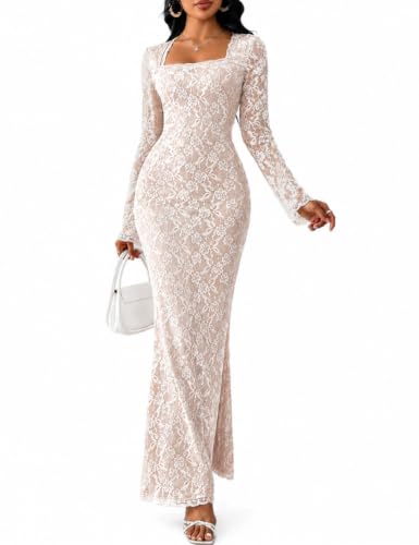 Women's Vintage Lace Bodycon Maxi Dress Cream Elegant Romantic Square Neck Long Sleeve Floral Lace Sexy Wedding Guest Cocktail Mermaid Dresses White M