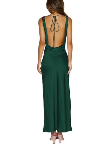 KOUNAI Satin Backless Formal Maxi Dresses for Women Wedding Guest Emeralds