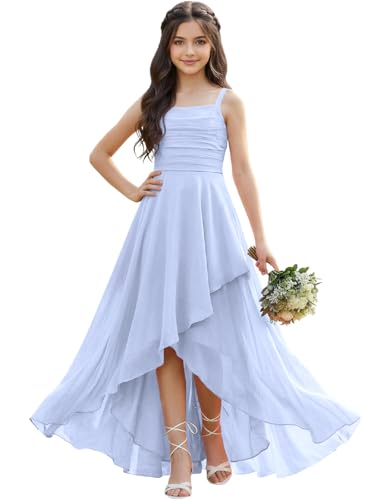 SYTSL High Low Junior Bridesmaid Dresses for Bridal Wedding Lavender Chiffon Formal Maxi Dinner Dance 2026 Ruched Square Neck Flower Girls Dresses for 8 Year Old SY887-Lavender-8