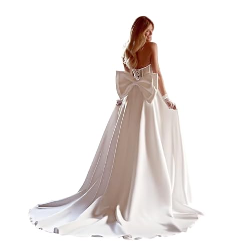 Strapless Satin Wedding Bridal Dress for Women 2026 Pearl Aline Bow in Back White Aline Lace Luxury Bridal Ball Gowns with Long Trail Size 4