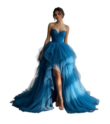 Dydsz Women Strapless High Low Prom Dress Tulle Party Gown Oceanblue 8 | Sweetheart Evening Formal Dress for Wedding Guest,Layered Puffy Birthday Cocktail Gown,Corset Homecoming Dresses