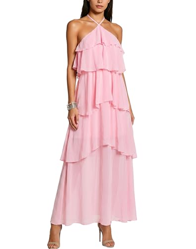 XquiziFit Summer Wedding Guest Dress for Women Halter Bridesmaid Dress Formal Evening Tiered Chiffon Maxi Dresses A Line Ruffle Flowy Sleeveless Sundresses Pink XS
