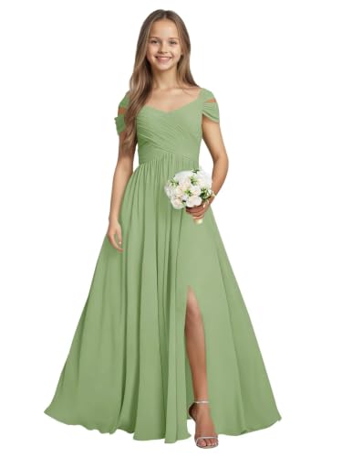 Qgeno Chiffon Junior Bridesmaid Dresses for Wedding Sage Green Long Flower Girl Dress A Line Ruched Formal Gown Size 14-16
