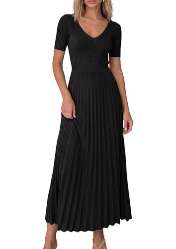 PRETTYGARDEN Women's Summer Midi Pleated Sweater Dress (Black,M)