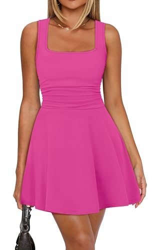 OFEEFAN Hot Pink Dress for Women Cute Square Neck Spring Dresses for Women Mini Dress Party Club Casual Short Dresses S