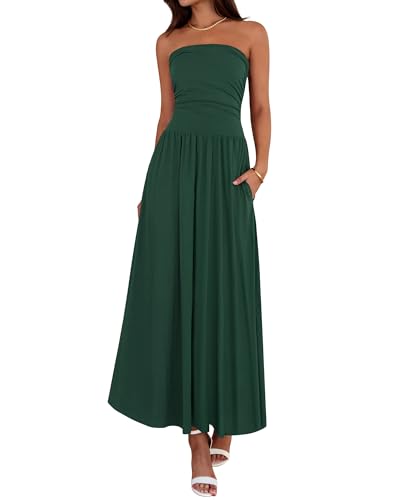 BTFBM Summer Maxi Dresses for Women Strapless Tube Top Dress,Dark Green,M | Sleeveless Ruched A Line Dresses Pockets, 2026 Trendy, Flowy Long Sundress, Beach Vacation Cocktail Party Wedding Guest Dress