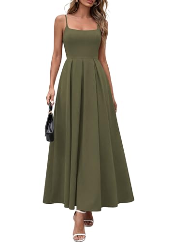 PRETTYGARDEN Cocktail Dresses for Women 2026 Spring Elegant Ruffle A Line Long Flowy Summer Formal Wedding Guest Maxi Dress (Army Green,Small)