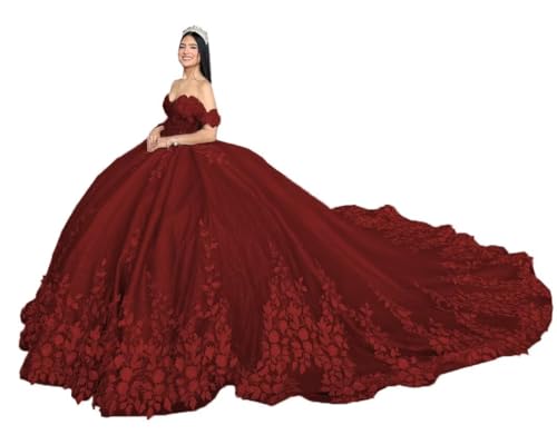 Mauuwy Quinceanera Dresses for 16th 2024 Rust Ball Gown Sexy V Neck Off The Shoulder Puff Sleeve Party Dress for Girl vestidos para 15 años quinceañeras with 3D Flowers Size 12