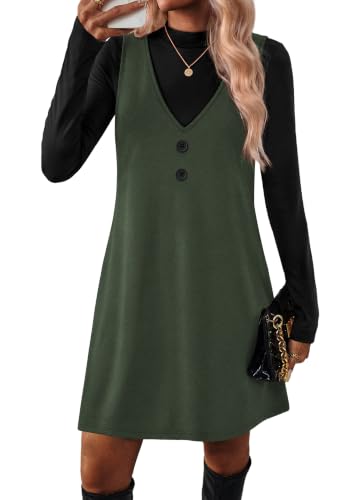 2 Piece Sets for Women Fall Dresses Long Sleeve Dress Winter Clothing Overall Dress with Pockets Abvoe Knee Teacher Thanksgiving Christmas Outfits Green S