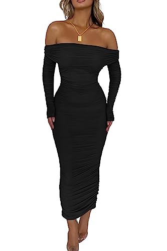 PRETTYGARDEN Women's Off the Shoulder Maxi Bodycon Dress, Black,S