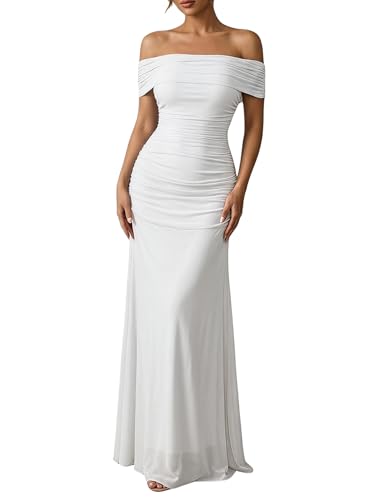 OYOANGLE Women's Off The Shoulder Maxi Dress Wedding Guest Dresses White | Cocktail Dress, Formal Dresses, Elegant Prom Dress, Short Sleeve, White, Small