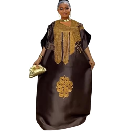 HD African Bubu Dress for Woman Embroidery Brown Fancy Caftan Maxi Gown