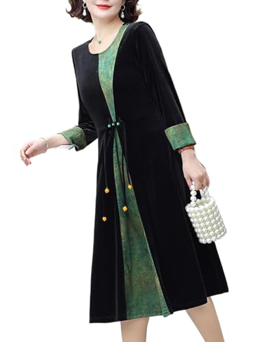 heipeiwa Women's Velvet Maxi Dresses Patchwork Rolled Cuff 3/4 Sleeve Crewneck Casual Formal Elegant Fall Dress Black