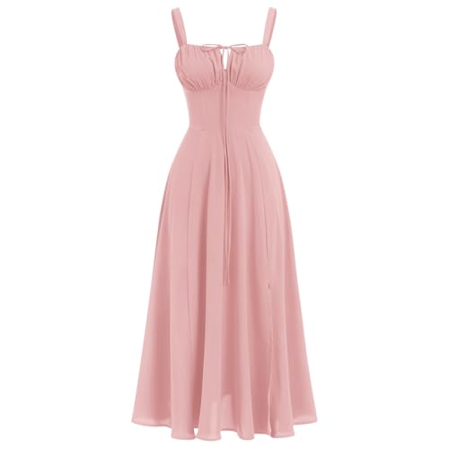 ABEHIK Corset Dress for Women 2026 Summer Floral Boho Flowy Slit Bustier Lace Up Midi Dresses Going Out A Line Casual Sundress Adjustable Spaghetti Straps Bodycon Light Pink M