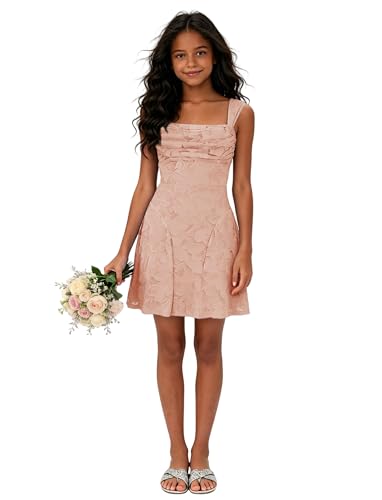 LEJOSEI Blush Junior Bridesmaid Dresses Short Girls Lace Floral Flower Girl Dresses for Wedding Party Guest Dress A-Line Little Girl Formal Dress Size 4