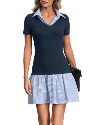 HYPERFIRE Women's Short Sleeve Collared V Neck T Shirt Dress Casual Summer Fitted Work Dresses Navy and Blue Striped Medium