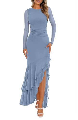 BTFBM Women's Maxi Dresses Fall 2026 Long Sleeve Wedding Guest Dress | Mesh,Ruched,Bodycon,High Split,Solid Color,Ruffle, Mermaid,Cocktail Dresses,Prom,Party,Homecoming Dress,Fall Outfits