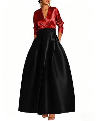 PamperClaws Satin Prom Dress for Women Formal Ball Gowns, Red Black, Size 8