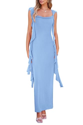 PRETTYGARDEN Summer Dresses for Women Ruffle Bodycon Maxi Dress Light Blue